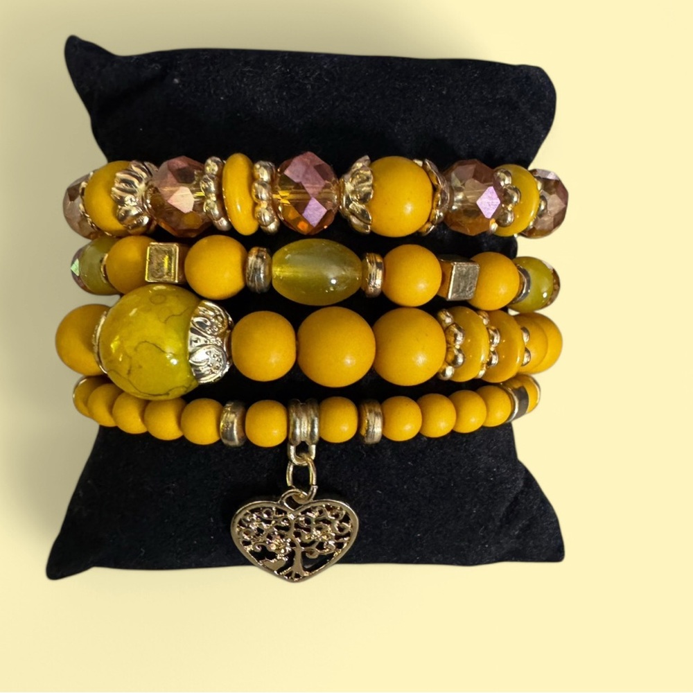 Yellow Beaded Bracelet Set with Heart Charm